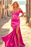 Mermaid Fuchsia Off the Shoulder Long Satin Prom Dress with Slit