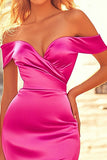 Mermaid Fuchsia Off the Shoulder Long Satin Prom Dress with Slit