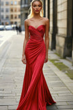 Red Mermaid Sweetheart Satin Ruched Long Prom Dress