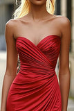 Red Mermaid Sweetheart Satin Ruched Long Prom Dress