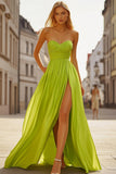 Lemon Green A-Line Sweetheart Pleated Chiffon Prom Dress with Slit