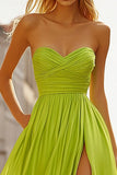 Lemon Green A-Line Sweetheart Pleated Chiffon Prom Dress with Slit