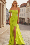 Lemon Green A-Line One Shoulder Pleated Chiffon Prom Dress with Slit