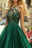 Dark Green Halter A Line Pleated Satin Prom Dress with Appliques