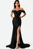 Sparkly Black Sheath Off the Shoulder Sequined Prom Dress with Slit