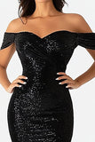 Sparkly Black Sheath Off the Shoulder Sequined Prom Dress with Slit