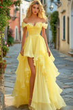 Yellow A Line Tiered Off the Shoulder High Low Prom Dress with ruffles