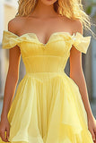 Yellow A Line Tiered Off the Shoulder High Low Prom Dress with ruffles