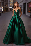 Dark Green Spaghetti Straps V-Neck A Line Long Satin Prom Dress