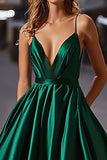 Dark Green Spaghetti Straps V-Neck A Line Long Satin Prom Dress