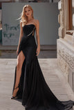 Black Sheath Strapless Ruched Satin Prom Dress with Slit