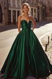 Dark Green Strapless Sweetheart A Line Long Satin Prom Dress