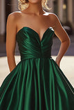 Dark Green Strapless Sweetheart A Line Long Satin Prom Dress