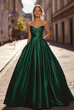 Dark Green Ball Gown Sweetheart A Line Satin Maxi Prom Dress