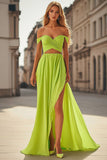 Lemon Green A-Line Off the Shoulder Pleated Prom Dress with Slit