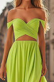 Lemon Green A-Line Off the Shoulder Pleated Prom Dress with Slit