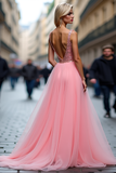 Sparkly Pink V-Neck A Line Corset Sequined Prom Dress with Slit