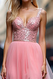 Sparkly Pink V-Neck A Line Corset Sequined Prom Dress with Slit