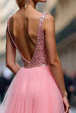 Sparkly Pink V-Neck A Line Corset Sequined Prom Dress with Slit