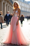 Sparkly Pink Spaghetti Straps A Line Long Prom Dress with Sequins