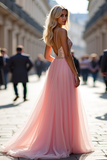 Sparkly Pink Spaghetti Straps A Line Long Prom Dress with Sequins