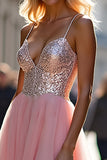 Sparkly Pink Spaghetti Straps A Line Long Prom Dress with Sequins