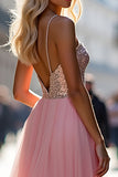 Sparkly Pink Spaghetti Straps A Line Long Prom Dress with Sequins