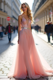 Sparkly Pink Deep V Neck A Line Long Tulle Prom Dress with Beading