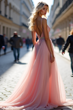 Sparkly Pink Deep V Neck A Line Long Tulle Prom Dress with Beading