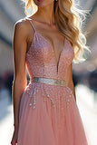 Sparkly Pink Deep V Neck A Line Long Tulle Prom Dress with Beading