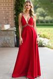 Red A Line V-Neck Maxi Chiffon Bridesmaid Dress with Beading