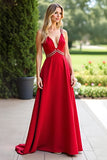 Red A Line V-Neck Maxi Chiffon Bridesmaid Dress with Beading