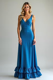 Blue V Neck A Line Maxi Bridesmaid Dress with Ruffles