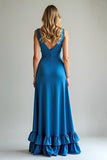 Blue V Neck A Line Maxi Bridesmaid Dress with Ruffles