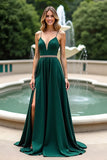 Dark Green Spagehtti Straps A Line Floor Length Bridesmaid Dress with Slit