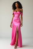 Sheath Fuchsia Off the Shoulder Sweetheart Satin Prom Dress with Slit