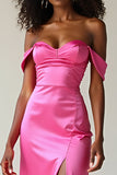 Sheath Fuchsia Off the Shoulder Sweetheart Satin Prom Dress with Slit