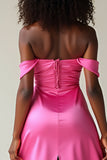 Sheath Fuchsia Off the Shoulder Sweetheart Satin Prom Dress with Slit