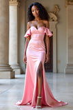 Pink Sheath Off the Shoulder Sweetheart Ruffled Prom Dress with Slit