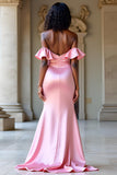 Pink Sheath Off the Shoulder Sweetheart Ruffled Prom Dress with Slit