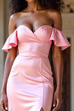 Pink Sheath Off the Shoulder Sweetheart Ruffled Prom Dress with Slit