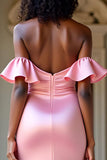 Pink Sheath Off the Shoulder Sweetheart Ruffled Prom Dress with Slit