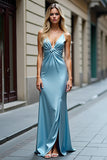 Light Blue V-Neck Front Twist Sheath Long Prom Dress with Slit