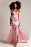 Sheath Pink Satin Off the Shoulder Long Prom Dress with Slit