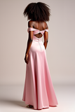 Sheath Pink Satin Off the Shoulder Long Prom Dress with Slit