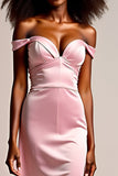 Sheath Pink Satin Off the Shoulder Long Prom Dress with Slit