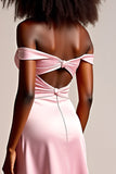 Sheath Pink Satin Off the Shoulder Long Prom Dress with Slit