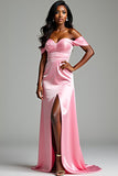 Off the Shoulder Pink Corset Sheath Long Prom Dress with Slit