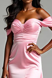 Off the Shoulder Pink Corset Sheath Long Prom Dress with Slit