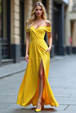 A Line Yellow Off the Shoulder Long Prom Dress with Slit